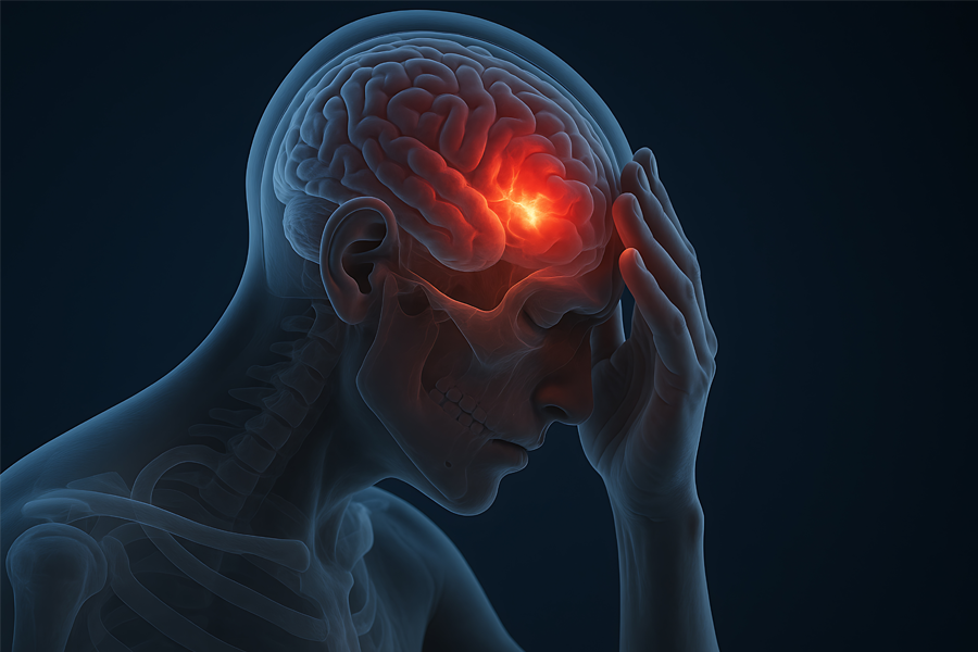 illustrazione 3d della testa con cervello e zona temporale illuminata in rosso a rappresentare il dolore da cefalea