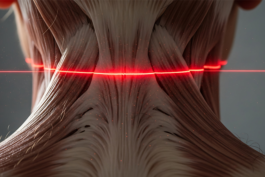 illustrazione 3d dei muscoli del collo e della cervicale con linea di tensione evidenziata in rosso