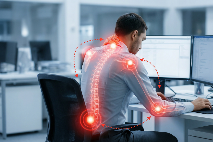uomo seduto alla scrivania con postura scorretta davanti al computer con zone di dolore alla cervicale e alla colonna vertebrale evidenziate in rosso